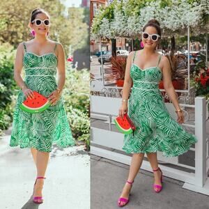 Eliza J Palm print fit & flare dress Linen blend feminine Sz 0 boho chic summer